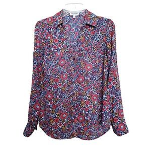 Express The Portofino Shirt Slim Blue Floral Roll-Tab Sleeve Button-Up Size S